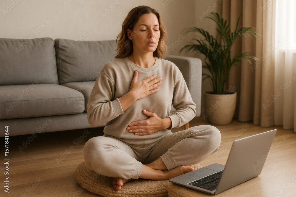 Woman sitting cross legged on a cushion, practicing breathwork in a cozy living room with a laptop, promoting mindfulness and relaxation