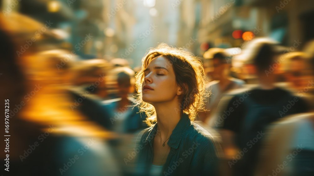 Young woman standing still with closed eyes in the middle of a busy city street, finding calm and mindfulness while blurred crowds move around her